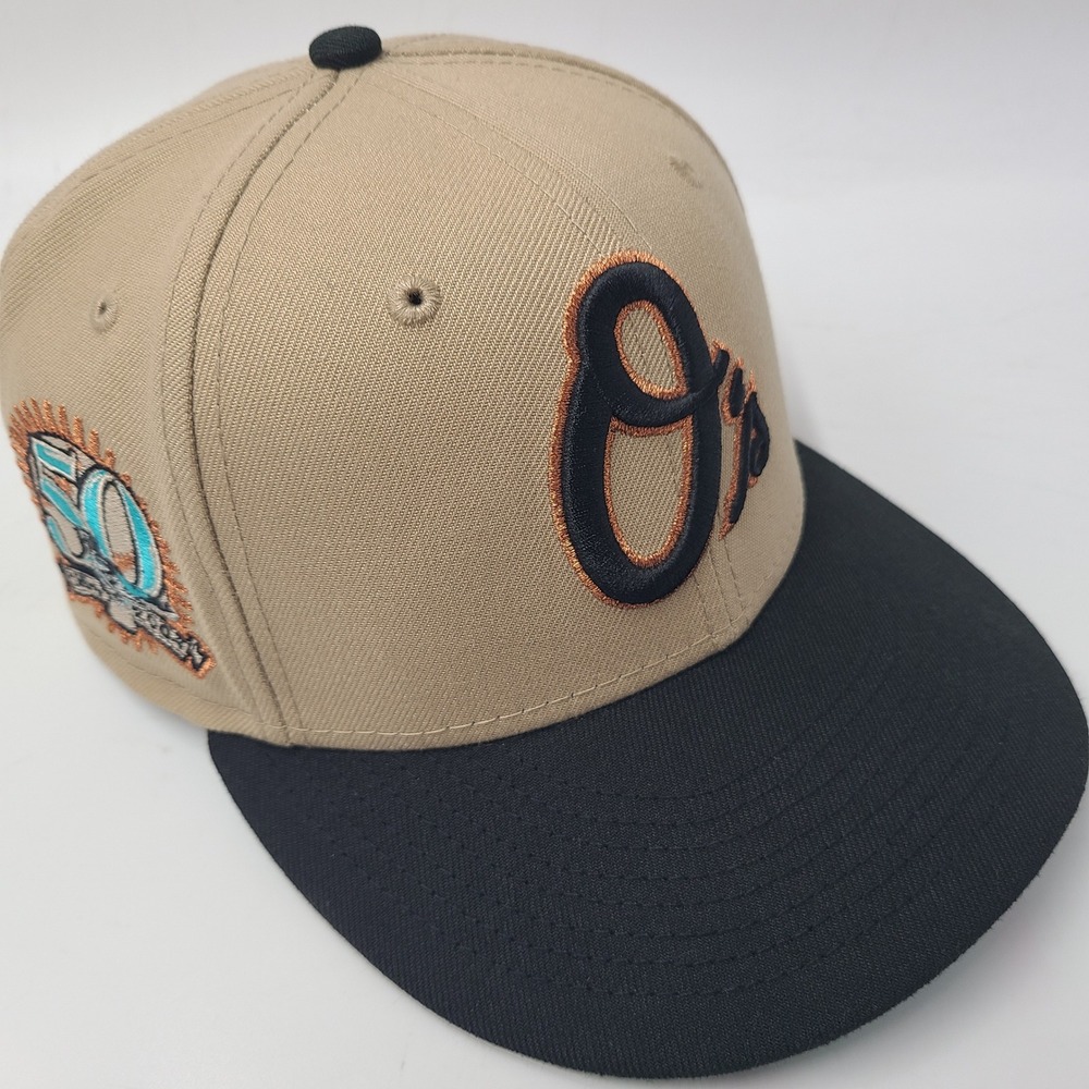 Baltimore Orioles Hat Fitted 7 1/8 New Era 59Fifty Beige Black 50th Anniversary